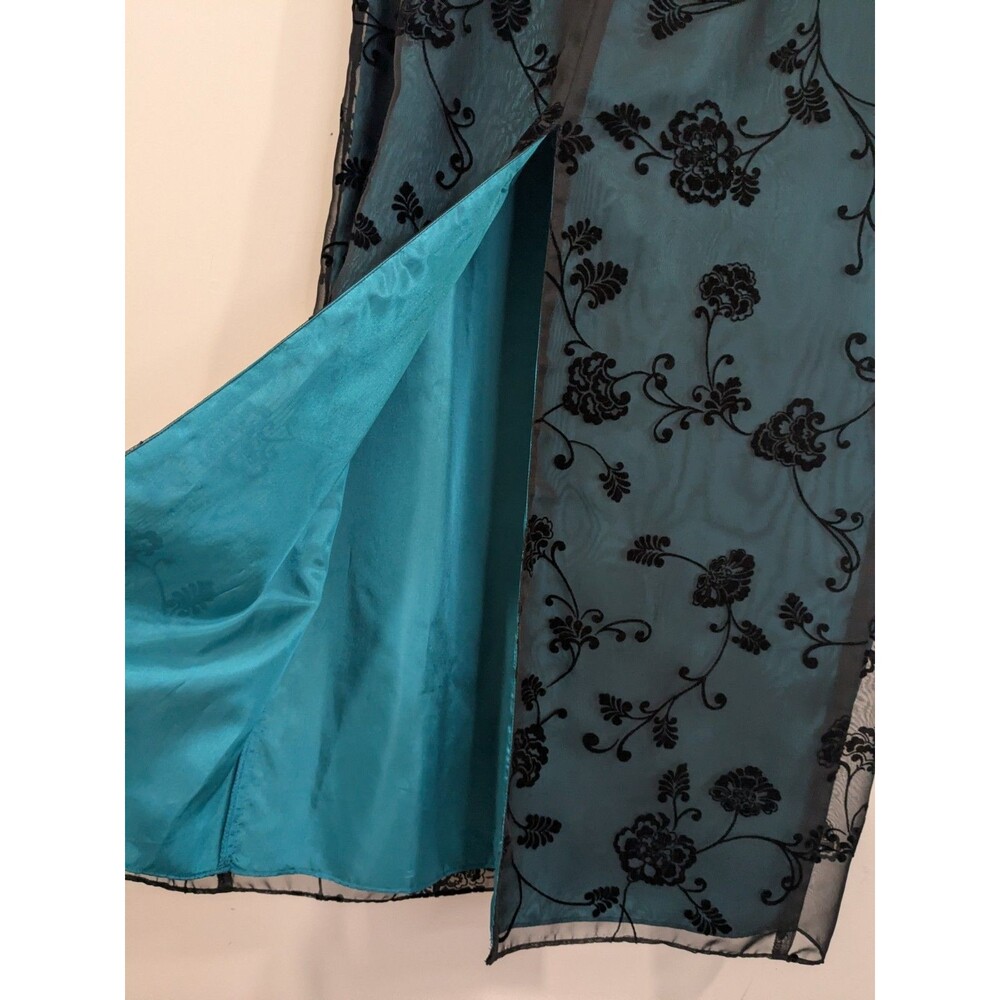 Vintage Dark Green Burnout Velvet Asian Inspired Mandarin Collar Maxi Dress Sz 8 - Picture 4 of 9